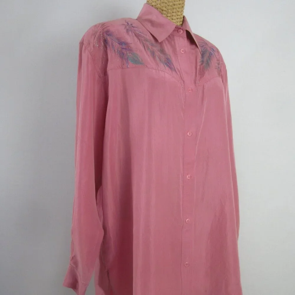 Vtg Wanted Women M Mauve Pink Painted Metallic LS Silk Western Cowboy Shirt - Picture 2 of 14
